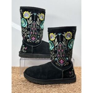 UGG Juliette Floral Embroidery Black Suede Boho Boots Sherpa Women Sz US 7 Rare